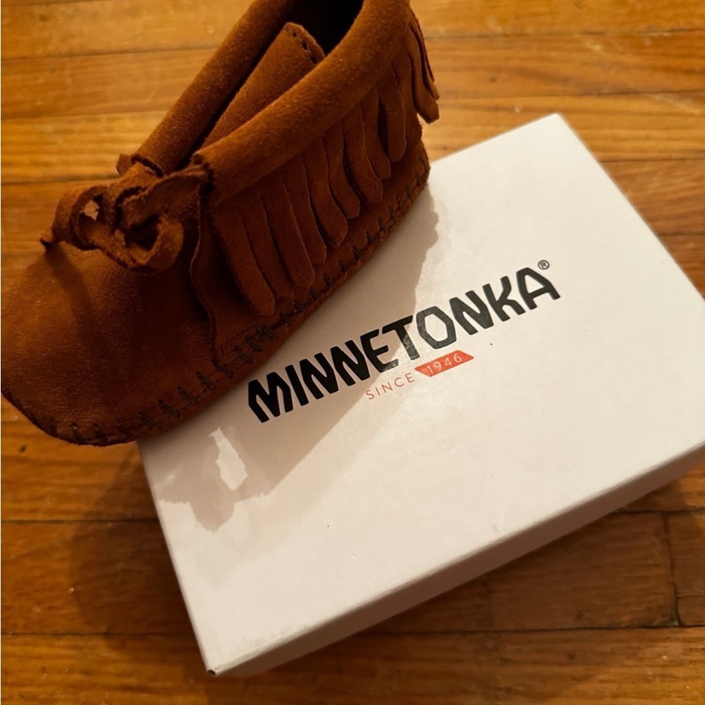 Minnetonka Tan Kids Moccasins with Fringe